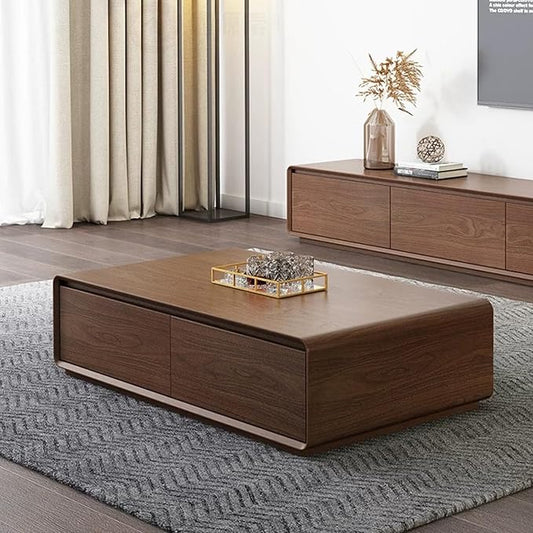 Luxury Walnut Wood Square Coffee Table with Large Hidden Storage, Expandable Tabletop Center Table for Living Room, Modern Accent Table with Drawers (Walnut Coffee Table)