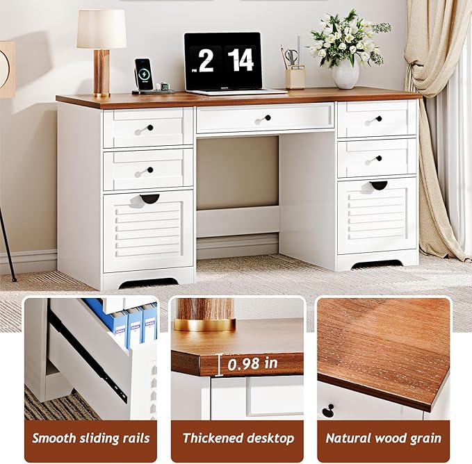 Ieejdn 59" Home Office Desks, Executive Desk, Farmhouse Computer Desk with 7 Drawers and Charging Station, File Drawer, Rustic Computer Writing Desk,Antique Cream