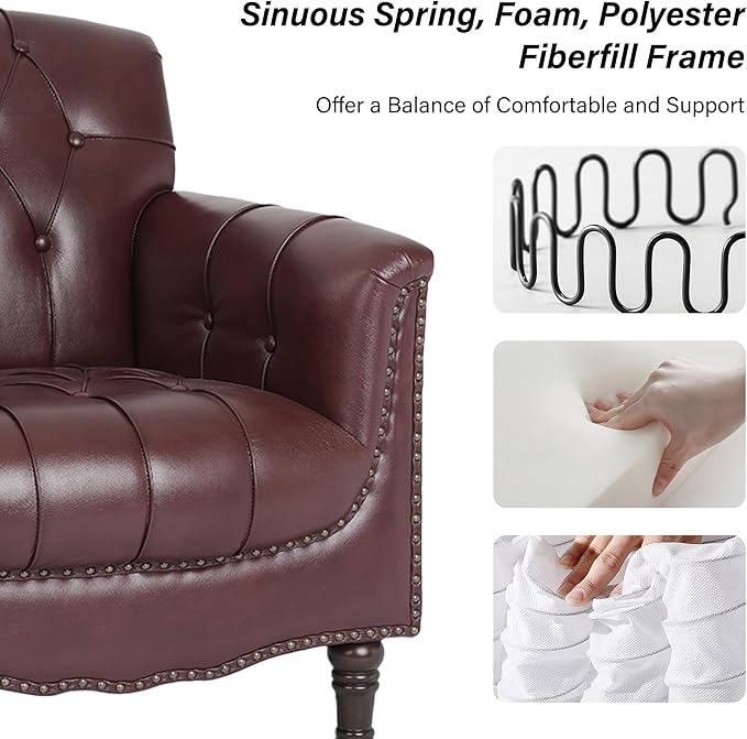 Faux Leather Accent Chair, PU Leather Modern Comfy Upholstered Armchair with Wood Legs & Nailhead Trim for Living Room, Bedroom (Red,Set of 2)