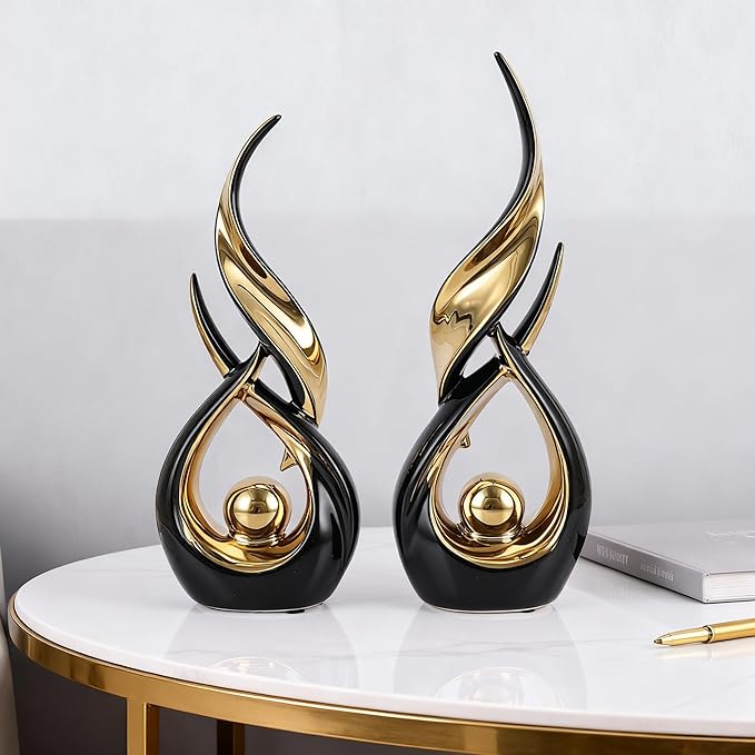 DOVDOV 2-Piece Abstract Black and Gold Home Decor, Ceramic Abstract Sculpture, Modern Artwork, Suitable for Room Coffee Table countertops, Office Bookshelves, Dining Table Centers, entryway Decor.