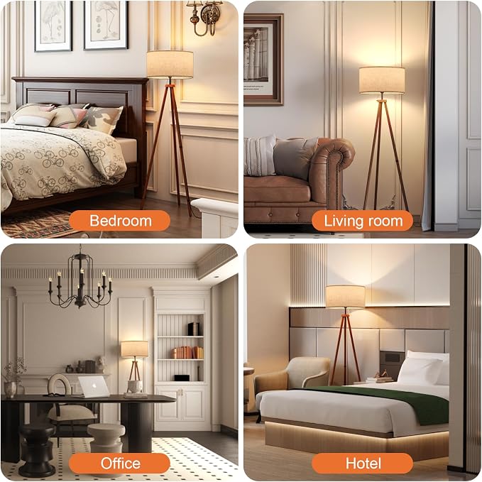 LiteHistory Wood Tripod Floor Lamps for Living Room, Bedroom, and Office,Standing lamp with Beige Linen Shade, 12W Three-Color Bulb Included, Pull Chain Switch, Tall lamp for Mothers Day Gifts, Brown