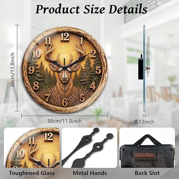 peacoblue Wall Clocks Battery Operated 12 Inch 3D Wooden Deer Glass Round Wall Clock Non Ticking for Kitchen Living Room Dining Room Bedroom and Bathroom Decor Accessories (Battery not Included)