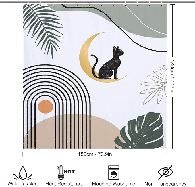 Boho Black Cat Shower Curtain Abstract Mid Century Modern Moon Green Leaf Geometric Mystic Waterproof Shower Curtains for Bathroom Decor 12 Pack Hooks 72x72in (183x183cm)