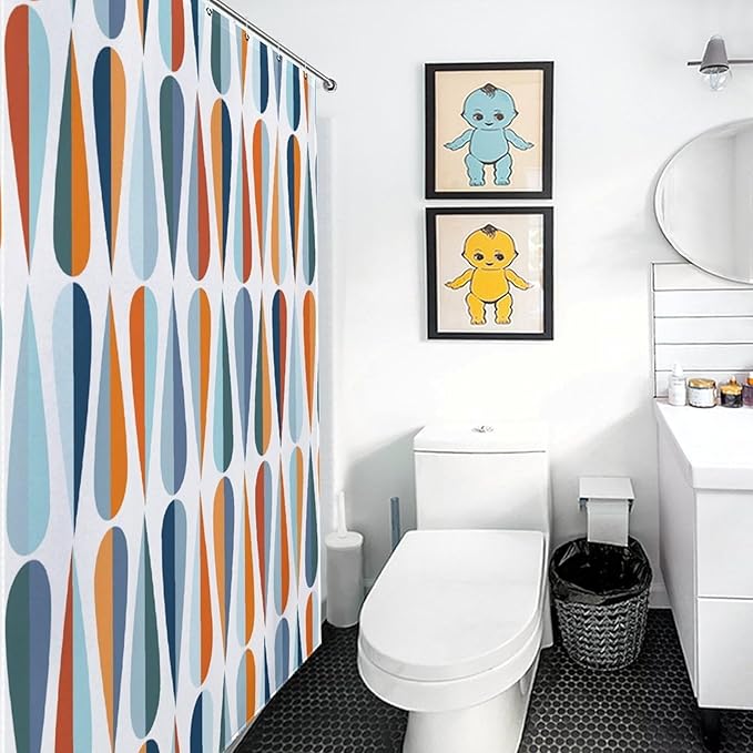 Mid Century Shower Curtain for Bathroom, Retro Modern Drop Shapes in Tones Abstract Geometric Pattern Blue 1950s 1960s Waterproof Fabric Shower Curtain Set with Hooks, 72"x84"