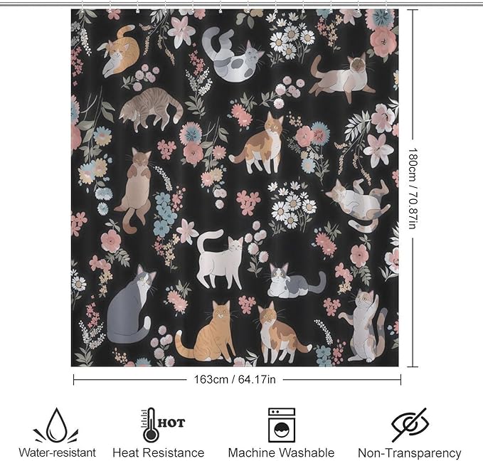 Cat Shower Curtain,Watercolor Black Floral Garden Funny Animals Bathroom Curtain Polyester Waterproof Fabric Decor 66x72in（168x183cm）