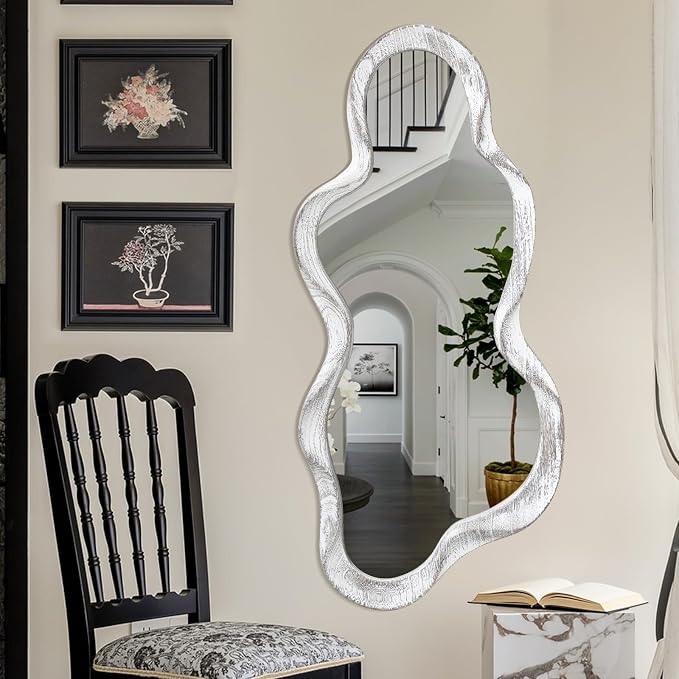 Large Asymmetrical Wall Mirror Irregular Wood Frame Modern Unique Wall-Mounted Artistic Wavy Mirror Decor Bathroom Vanity Bedroom Living Room Entryway Hallway 47" x 22" Natural