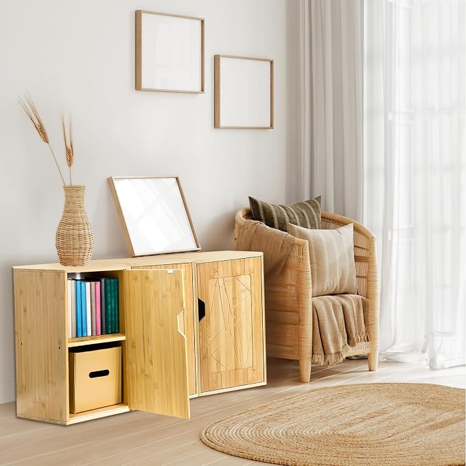 Fasmov 2 Tiers Cube Storage Organizer, Bamboo Bookshelf, Display Bookcase, Storage Cube Cubby Organizer with Door, Stackable Cubes Bin Small Cabinet for Bedroom, Home and Office