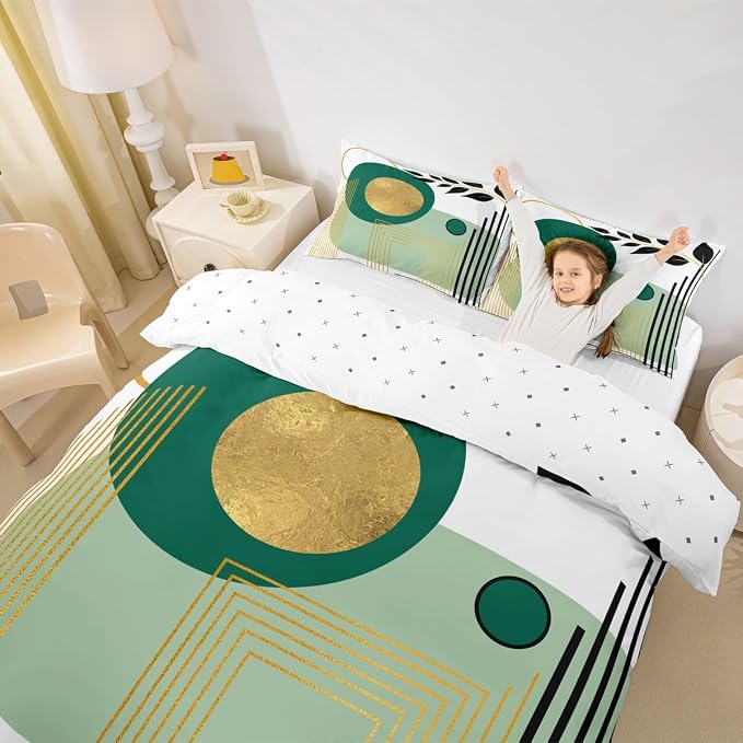 Erosebridal Green and White Abstract Boho Duvet Cover Toddler Size Minimalist Aesthetic Neutral Comforter Cover Mid Century Modern Bedding Set Botanical Leaves Geometric Bed Set