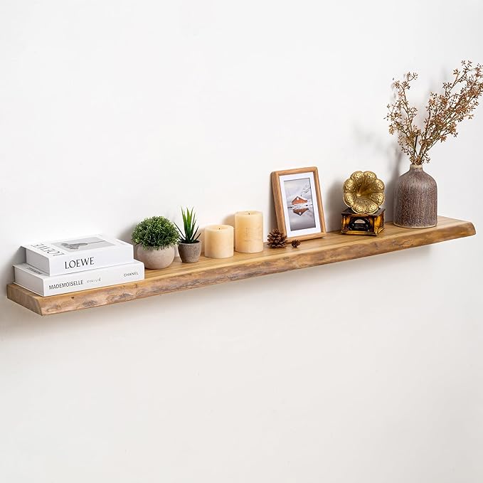Fun Memories Floating Shelves for Wall Decor Set of 1-55 Inch Solid Elm Wood Live Edge - Rustic Natural Wall Shelves with Invisible Brackets - for Living Room, Bedroom, Kitchen - Natural Finish