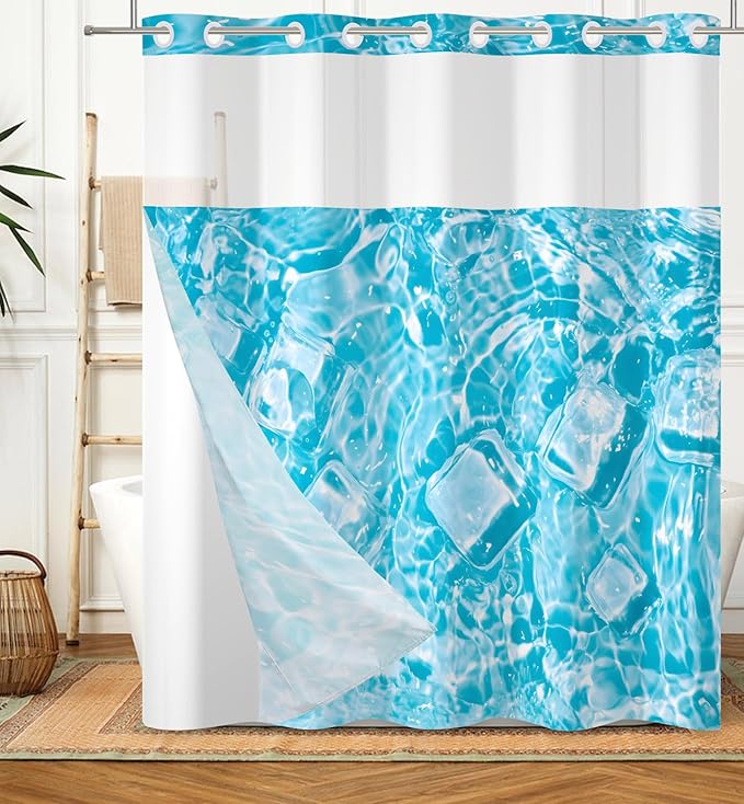 Blue Shower Curtain with Snap in Liner Water Pattern with Ice Cubes Summer Cool No Hook Shower Curtains with Mesh Polyester Fabric Waterproof Bathroom Curtain Set 71x74 Inch