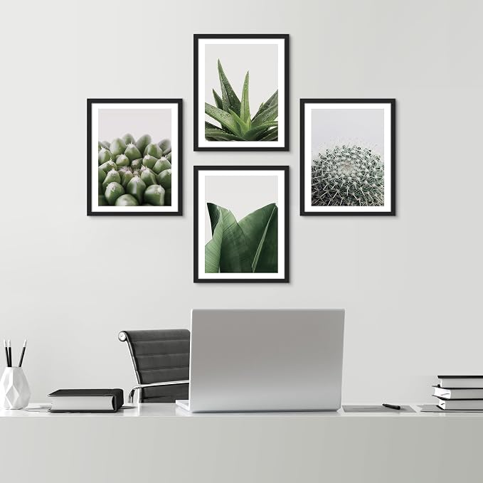 SIGNWIN Framed Tropical Island Wall Art, Set of 4 Green Desert Plant Cactus Snake Plant Wall Decor Prints, Nature Wilderness Wall Décor for Living Room, Bedroom - 11"x14"Black
