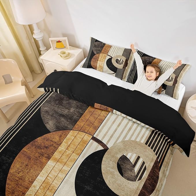 Modern Geometric Duvet Cover Set Queen Size,Retro Striped Circle Bedding Set,Boys Girls Room Decor,Abstract Aesthetic Stripes Lines Comforter Cover,Brown Black Quilt Cover,2 Pillowcases(No Filler)