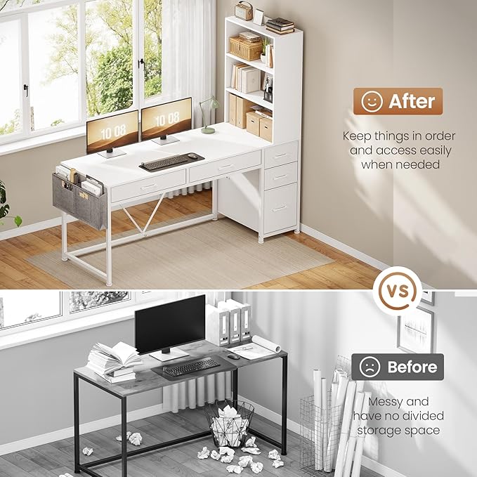 SEDETA Computer Desk with 5 Drawers and Bookshelf, Reversible Home Office Desk with Storage Shelves and File Drawer, Gaming Desk with LED Lights for Small Spaces, White
