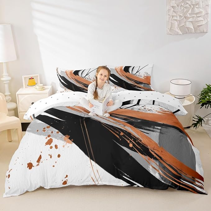 Erosebridal Black Burnt Orange Duvet Cover Queen - Modern Geometric Decorative Abstract Bedding Striped Bed Set for Boys Adults Girls Minimalist Graffiti Aesthetic Lines Bed Cover