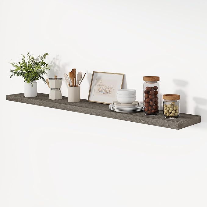 Vivelove Elm Wood Floating Shelves, Wooden Shelves for Wall with Invisible Bracket for Living Room Bedroom Bathroom Office Book, Rustic Farmhouse Display Shelf, 55 Inch Set of 1- Grey