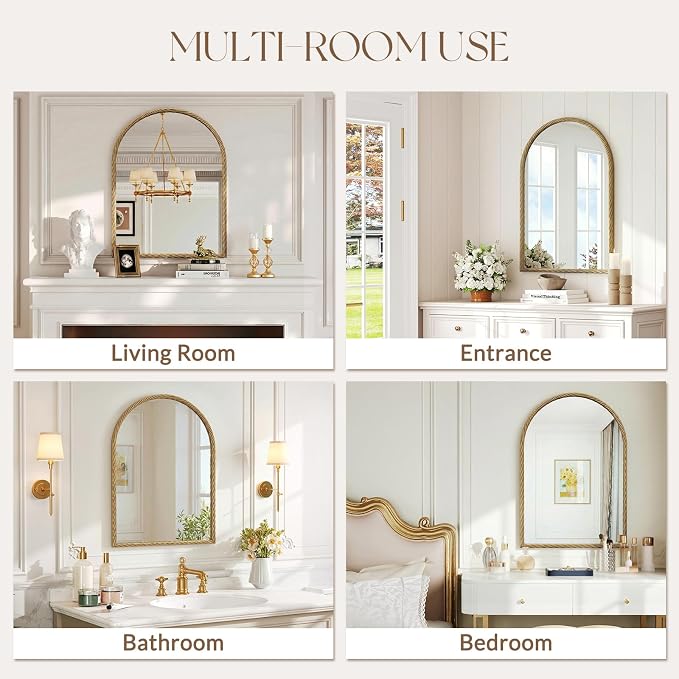 Uniclinens Vintage Arched Mirror Decor - Large Antique Gold Mirror Decor with Twisted Rope Metal Frame,Antique Mirror for Fireplace, Living Room, Hallway, Bathroom,Entryway, 24"X36"