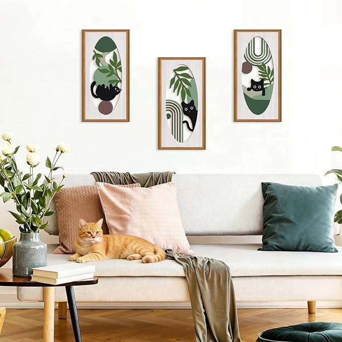 Celestdeco Boho Black Cat Wall Decor,Green Boho Wall Art,Mid Century Modern Decor Kitty,Abstract Geometric Line Artwork Cats,Green Plants Bohemian Botanical Cat Wood Art for Home Bedroom Living Room