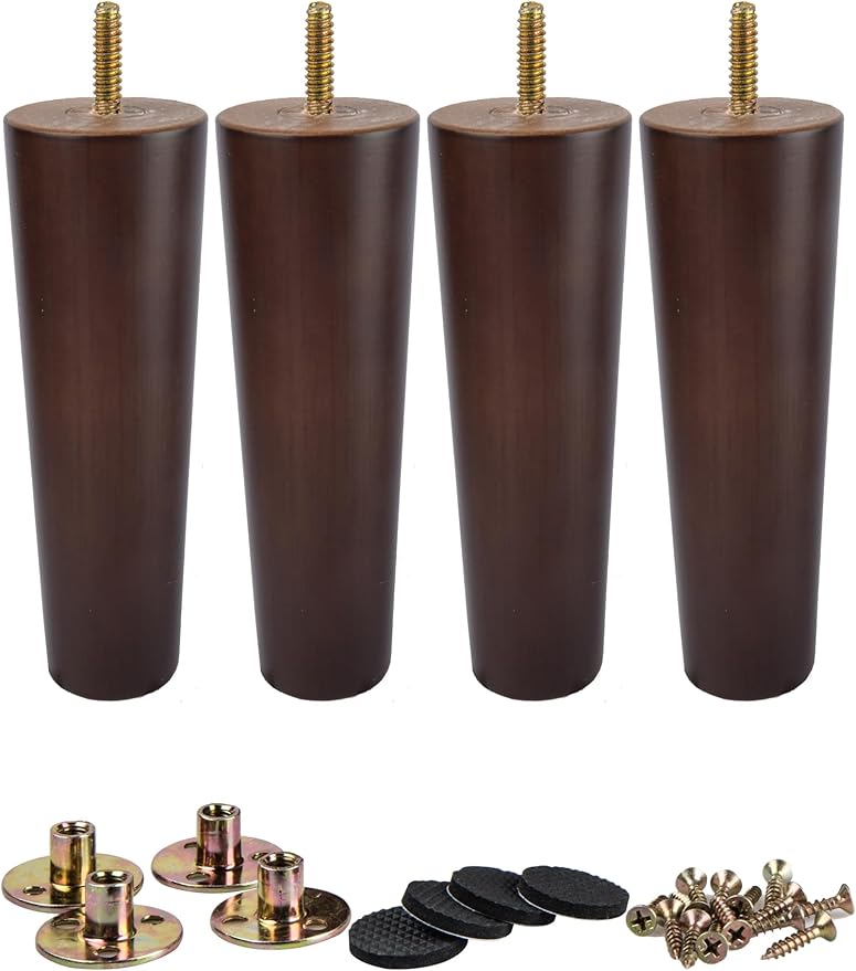 La Vane 4 inch Solid Wood Furniture Legs (10cm) - Walnut Finish Tapered Replacement Feet with 5/16 inch Thread & Mounting Plates - Set of 4 for Sofa, Couch, Cabinet, Ottoman