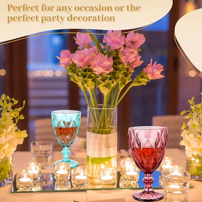 Set of 12 Vintage Glass Goblets Bulk 10 oz Multi Colored Stemware Wine Glasses Crystal Stemmed Drinking Glasses Cups Diamond Pattern Glassware Set for Party Wedding Bar Water Juice Beverage 6 Colors