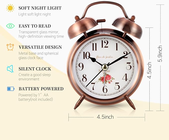 Super Loud Alarm Clock For heavy sleepers,4 inches Twin Bell Alarm Clock with Backlight,Battery Operated,Silent Non Ticking,For Kids,Adults,Bedrooms,Retro decor Desk Analog Clocks. (Copper Red)