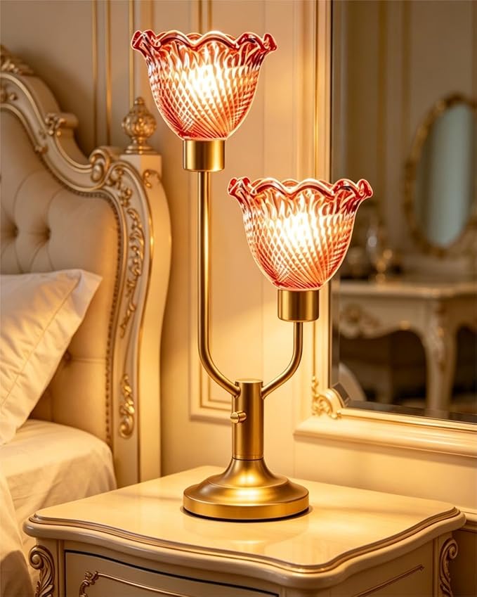 Lightdot Flower Glass Red Table Lamp Dimmable Mid Century Modern Vintage Gold Desk Lamp Nightstand Lamp 2 Bulbs Included Warmwhite Ambient Bedside Lamps for Living Room Bedroom Home Office Decor Gift