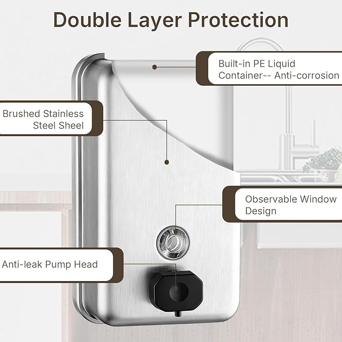 Stainless Steel Soap Dispenser Wall Mounted, 37oz Commercial Hand Soap Dsipenser, Manual Anti-Leak Pump Liquid Soap Dispenser, Rust-Proof Lining Hand Sanitizer Lotion Dispenser for Bathroom