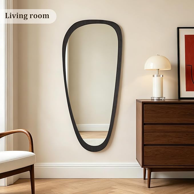 HOMECOOKIN 48" H x 22" W Asymmetrical Mirror, Irregular Wooden Wall Mirror for Bedroom, Living Room,Entryway– Mid-Century Modern Decorative Mirror, Solid Wood Frame, Pebble Shaped Design (Dark Brown)