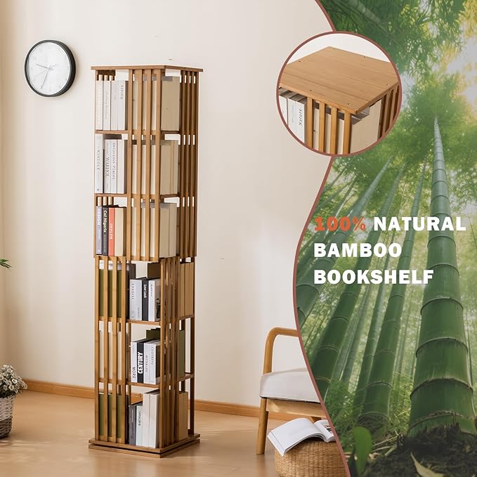 Bamboo Rotating Bookshelf Tower, 360° Spinning Bookcase, 6-Tier Narrow Floor Standing Storage Rack for Corner, Office, Room,Brown