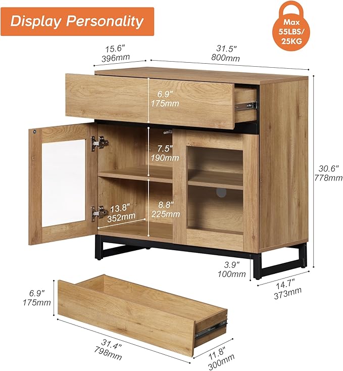 WAMPAT Sideboard Buffet Cabinets with Glass Doors and Drawer, Modern Sideboard Credenza with Adjustable Shelf, Coffee Bar Cabinet Storage Cabinet for Living Room, Kitchen, Oak
