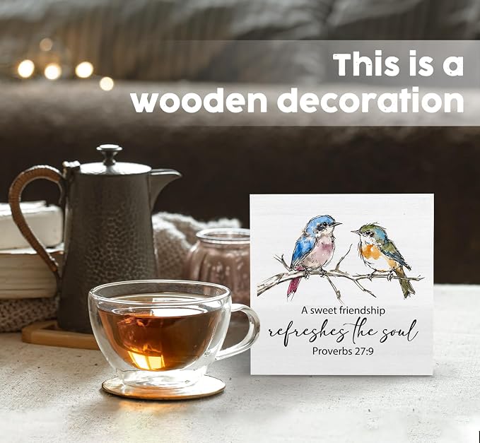 Christian Friendship Gifts for Women, a Sweet Friendship Refreshes the Soul Bird Wooden Box Signs, Best Friend Bestie BFF Gifts, Bible Verse Wood Sign Home Decor for Desk Table Shelf 5x5 Inch