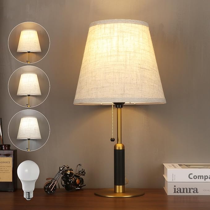18.9" Modern Mid Century Table Lamp Pull Chain Bedside Lamps for Nightstand Lamp for Bedroom Living Room 3-Color Light Solid Wood/Metal/Fabric for Home Office Dorm Decor (Light Brown+Brass)