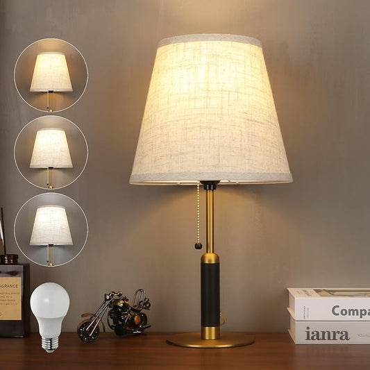 18.9" Modern Mid Century Table Lamp Pull Chain Bedside Lamps for Nightstand Lamp for Bedroom Living Room 3-Color Light Solid Wood/Metal/Fabric for Home Office Dorm Decor (Light Brown+Brass)