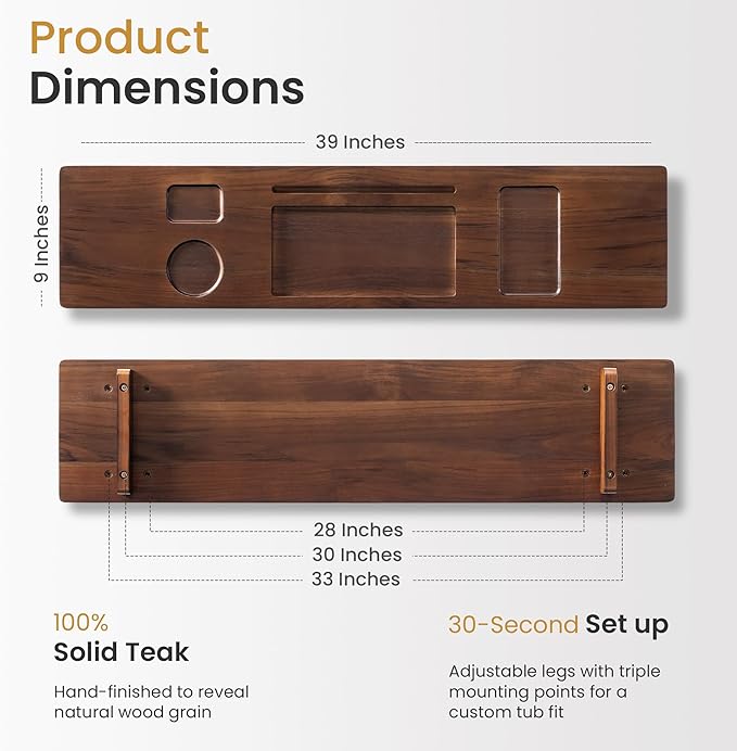 Teak Wood Bathtub Tray Caddy, 39 Inch Adjustable Bath Tub Tray for Freestanding Tubs, with Non-Slip Phone & Wine Glass Holder, Book Stand for Relaxing Bath