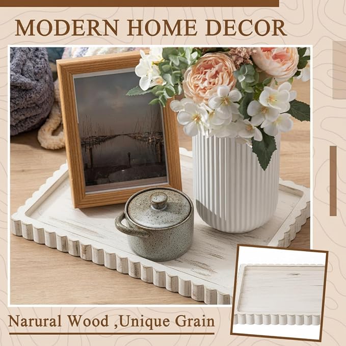 Lounsweer Wood Decorative Tray for Home Decor, 14'' x 10'' Wooden Serving Tray for Coffee Table Centerpiece Dining Kitchen Island Decoration Bathroom Counter Display (White Color,Pine)