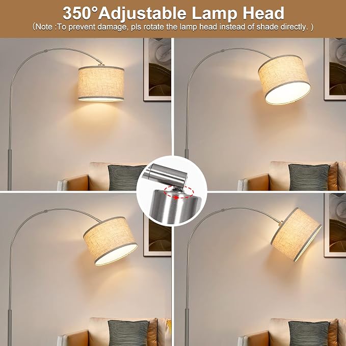 Floor Lamp for Living Room, Dimmable Arc Floor Lamp with Adjustable Head, Silver Finish Modern Pole Lamp, Over Couch Tall Standing Hanging Lights for Reading, Bedroom, Office, 9W 3000K Bulb Included