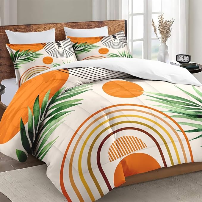 WeCozy Queen Size Comforter Set with 2 Pillowcases, Contemporary Mid Century 3 Pcs Bedding for Kids and Adults, Rainbow Sun Boho Geometric Soft Comforter Set for Bedroom Bed Decor