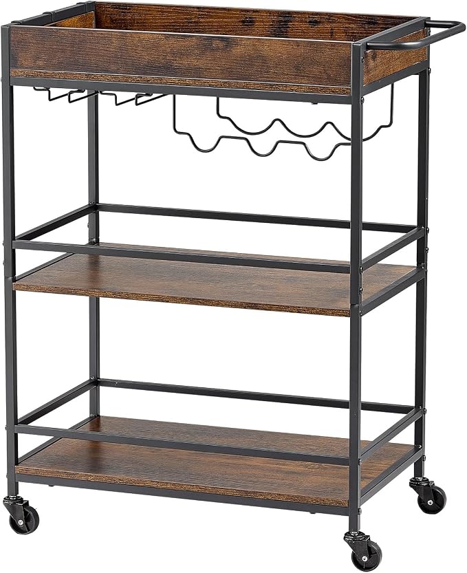 VEVOR Bar Cart, 3 Tiers Home Kitchen Serving Carts, Industrial Rolling Utility Station on Wheel, Mobile Drink Beverage Shelf with Wine Rack & Glass Holder, 26.77x14.17x32.68 in, Rustic Brown and Black