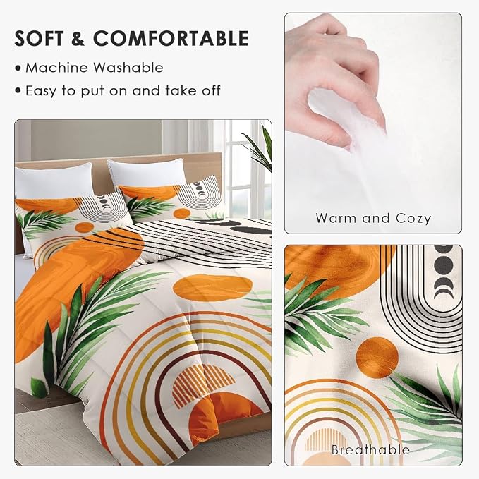 WeCozy Twin Size Comforter Set with Pillowcase, Contemporary Mid Century 2 Pcs Bedding for Kids and Adults, Rainbow Sun Boho Geometric Soft Comforter Set for Bedroom Bed Decor