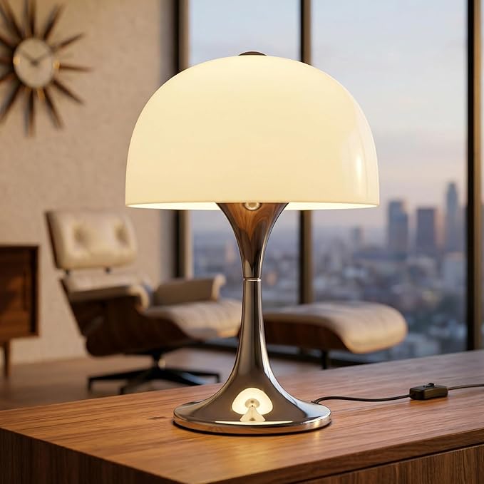 Modern Mushroom Table Lamp, Mid-Century Nightstand Lamp with Smooth Acrylic Shade & Metal Base, 3-G9 Socket Bedside Desk Lamp for Bedroom Living Room Office, Retro Decor Accent Light, Chrome