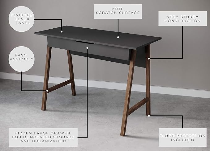 Modern Design Parma Small Desk for Bedroom, Black 42 Inch Writing Desk with Drawer, by Crafts and Comfort