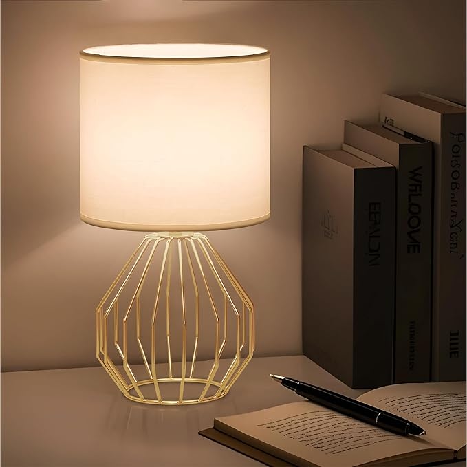 Small Gold Table Lamps, Set of 2 Bedside Nightstand Lamps with White Fabric Shade, Metal Base, Hollow Geometric Desk Lamps for Bedroom, Living Room, Office