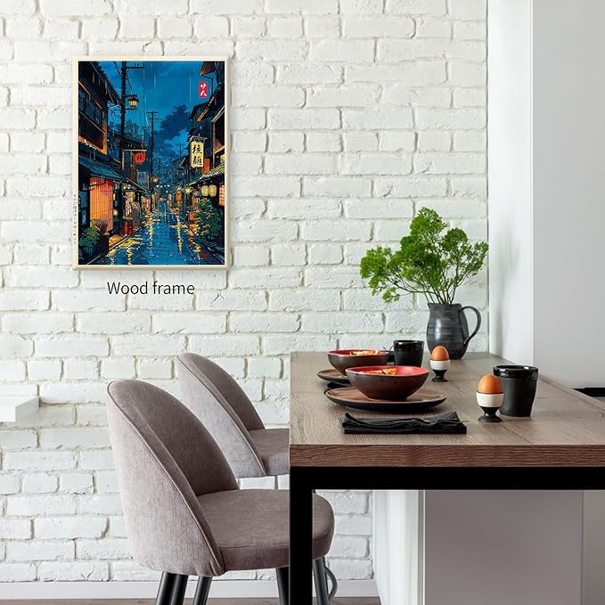 Japanese Tokyo Tea House Framed Canvas Wall Art Japanese City Street Cafe Scene Picture Print Modern Ukiyo-e Decor Poster for Japanese Home Bedroom Decorations Artwork12x16in
