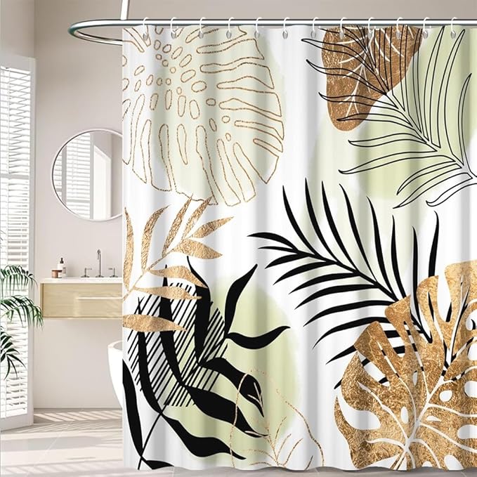 Modern Boho Shower Curtain Green Gold Palm Leaves Abstract Aesthetic Bathroom Decor Gorgeous Watercolor Botanical Theme Bohemian Bath Curtain Washable Waterproof Polyester Fabric with Hooks 69x75 Inch