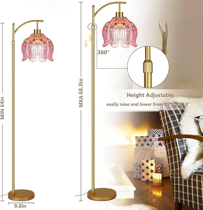 Pink Floor Lamp for Living Room,Bedroom,Glass Mid Century Modern Standing Lamp with Remote,Dimmable Gold Brass Tall Lamp Tulip Flower Arc Floor Light Boho Bohemian