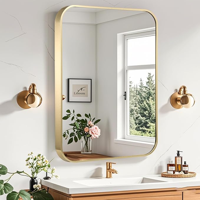 Gold Bathroom Mirror, 24x32 Inch Brushed Gold Mirror, Aluminum Alloy Framed Vanity Mirror, Rounded Rectangle Bathroom Mirror for Over Sink, Anti-Rust Wall Mirror (Horizontally or Vertically)