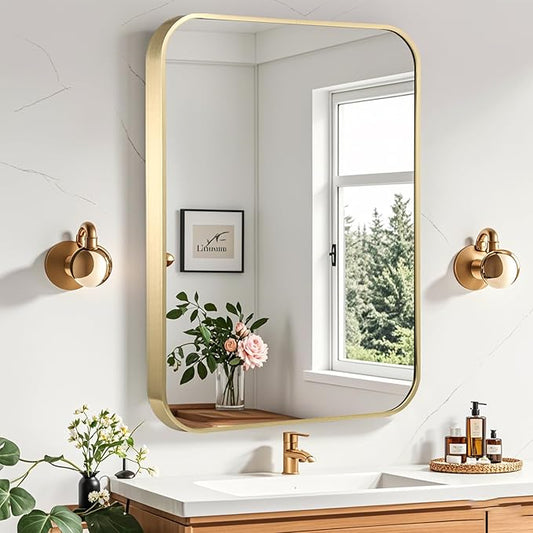 Gold Bathroom Mirror, 24x32 Inch Brushed Gold Mirror, Aluminum Alloy Framed Vanity Mirror, Rounded Rectangle Bathroom Mirror for Over Sink, Anti-Rust Wall Mirror (Horizontally or Vertically)
