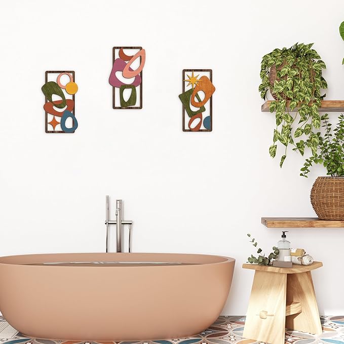 Pigort 3 Pcs Wooden Abstract Wall Art Mid Century Modern Wall Art Modern Elegance Wall Decor Geometric Home Decoration for Living Room Office 9.2x15.7inch