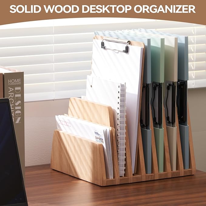 KIRIGEN Wooden Desk Mail Organizer, 7-Slot File Holder and Letter Sorter Wood Document Hlder for Mail, Folders, Bills, Papers, Home Office, Classroom, Countertop, No Assembly Natural 7KWJJ-NA
