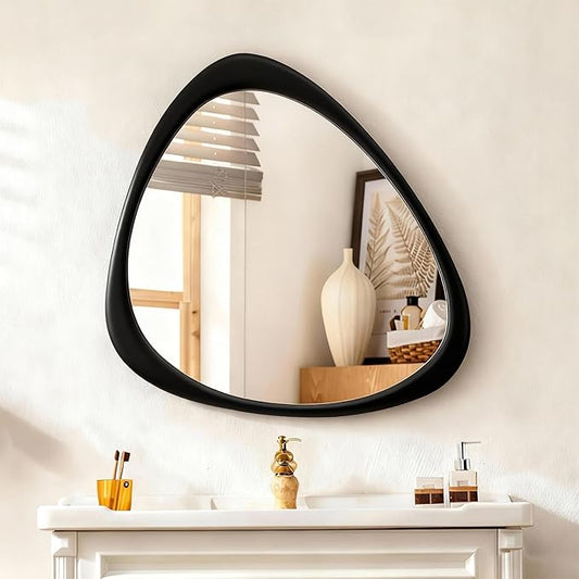 Asymmetrical Mirror, 24"x19" Unique Irregular Wall Mirror, Wood Mid Century Modern Mirror Decor for Bathroom Bedroom Living Room Entryway Hallway (Black)