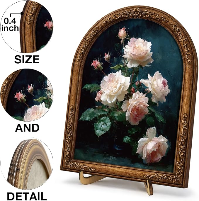 Moody Floral Wall Art Sign for Gothic Home Decor, Vintage Rose Arch Wood Block Sign, Dark Academia Desk & Shelf Decor, 8x10 Inch
